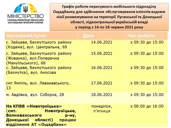 Опубликован график работы мобильного отделения "Ощадбанка" на линии разграничения с 14 июня